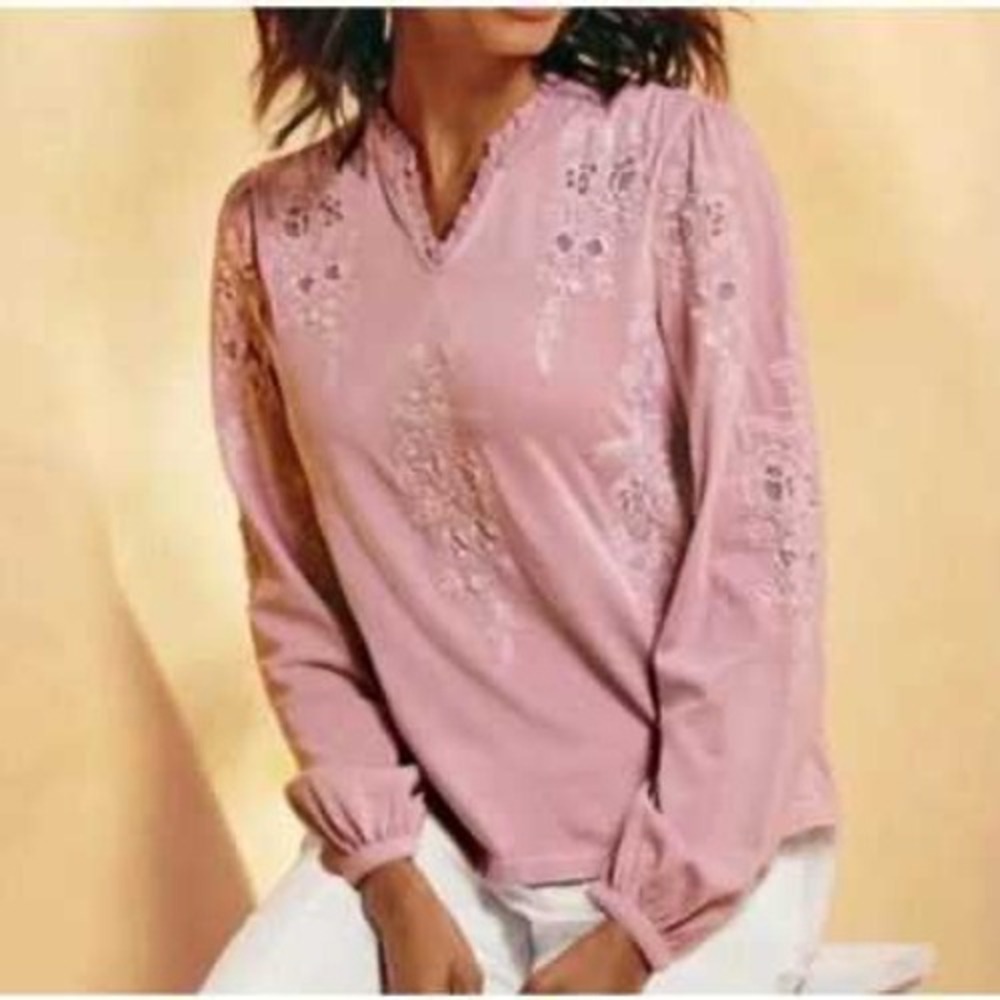 Soft Surroundings Floral Embroidered Blouse Small Pink‎ Boho Peasant Long Sleeve